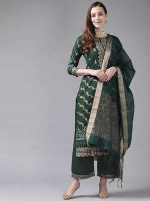 Indo Era Green Foil Printed Straight Kurta Palazzo With Dupatta Set 1