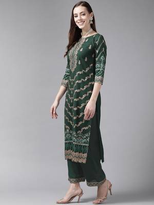 Indo Era Green Foil Printed Straight Kurta Palazzo With Dupatta Set 3