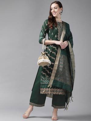 Indo Era Green Foil Printed Straight Kurta Palazzo With Dupatta Set 4