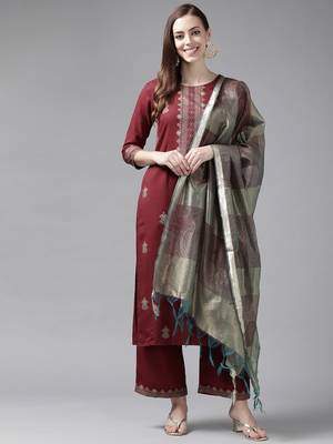 Indo Era Maroon Foil Printed Straight Kurta Palazzo With Dupatta Set 1