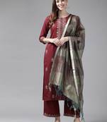 Indo Era Maroon Foil Printed Straight Kurta Palazzo With Dupatta Set