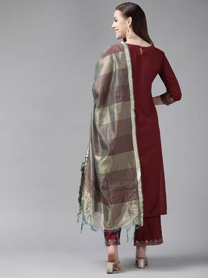Indo Era Maroon Foil Printed Straight Kurta Palazzo With Dupatta Set 2