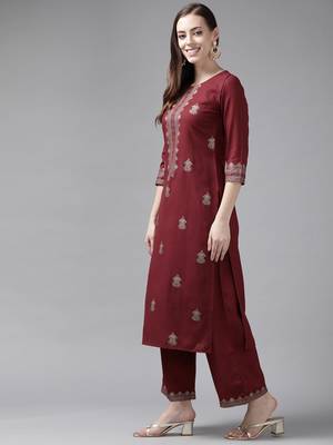 Indo Era Maroon Foil Printed Straight Kurta Palazzo With Dupatta Set 3