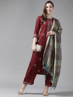 Indo Era Maroon Foil Printed Straight Kurta Palazzo With Dupatta Set 4