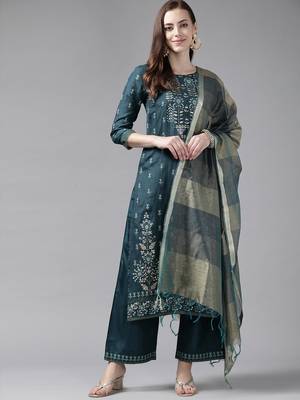 Indo Era Teal Foil Printed Straight Kurta Palazzo With Dupatta Set 1