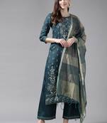 Indo Era Teal Foil Printed Straight Kurta Palazzo With Dupatta Set