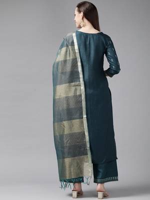 Indo Era Teal Foil Printed Straight Kurta Palazzo With Dupatta Set 2