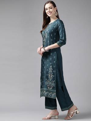 Indo Era Teal Foil Printed Straight Kurta Palazzo With Dupatta Set 3