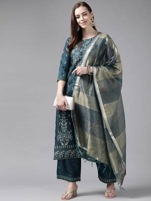Indo Era Teal Foil Printed Straight Kurta Palazzo With Dupatta Set 4