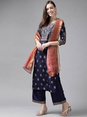 Indo Era Teal Foil Printed Straight Kurta Palazzo With Dupatta Set 1