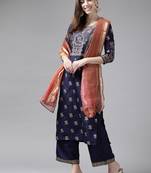 Indo Era Teal Foil Printed Straight Kurta Palazzo With Dupatta Set