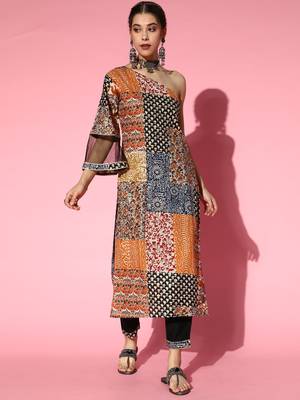 Indo Era Multi Foil Printed One-Shoulder Kurta With Trouser Set 1