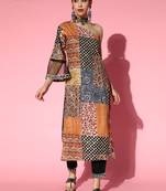 Indo Era Multi Foil Printed One-Shoulder Kurta With Trouser Set