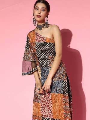 Indo Era Multi Foil Printed One-Shoulder Kurta With Trouser Set 5