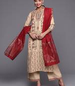 Indo Era Beige Foil Printed Straight Kurta Palazzo With Dupatta Set