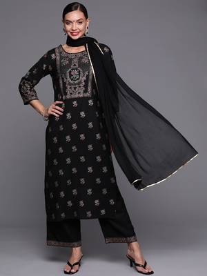Indo Era Black Foil Printed Straight Kurta Palazzo With Dupatta Set 1