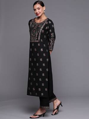 Indo Era Black Foil Printed Straight Kurta Palazzo With Dupatta Set 3