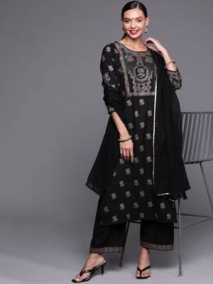 Indo Era Black Foil Printed Straight Kurta Palazzo With Dupatta Set 4