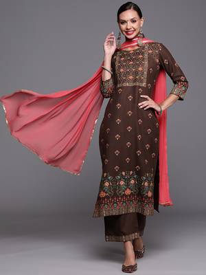 Indo Era Brown Foil Printed Straight Kurta Palazzo With Dupatta Set 1