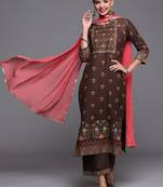 Indo Era Brown Foil Printed Straight Kurta Palazzo With Dupatta Set