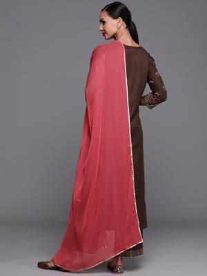 Indo Era Brown Foil Printed Straight Kurta Palazzo With Dupatta Set 2