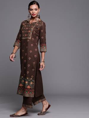 Indo Era Brown Foil Printed Straight Kurta Palazzo With Dupatta Set 3