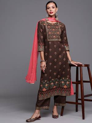 Indo Era Brown Foil Printed Straight Kurta Palazzo With Dupatta Set 4