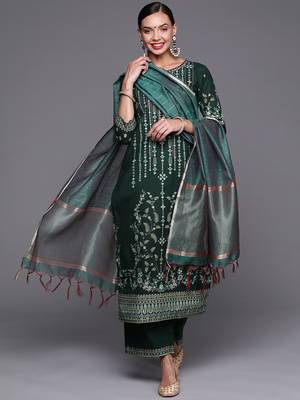 Indo Era Green Foil Printed Straight Kurta Palazzo With Dupatta Set 1