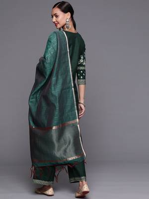 Indo Era Green Foil Printed Straight Kurta Palazzo With Dupatta Set 2