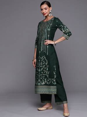 Indo Era Green Foil Printed Straight Kurta Palazzo With Dupatta Set 3