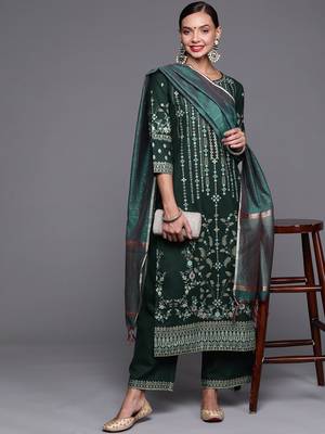 Indo Era Green Foil Printed Straight Kurta Palazzo With Dupatta Set 4