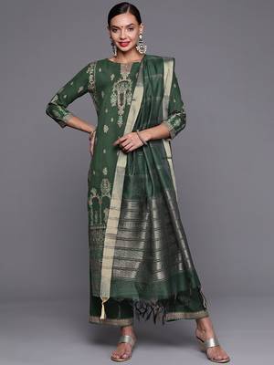 Indo Era Green Foil Printed Straight Kurta Palazzo With Dupatta Set 1