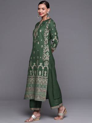 Indo Era Green Foil Printed Straight Kurta Palazzo With Dupatta Set 3