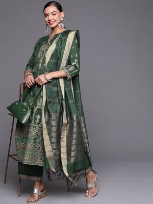 Indo Era Green Foil Printed Straight Kurta Palazzo With Dupatta Set 4