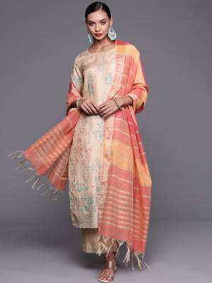 Indo Era Beige Foil Printed Straight Kurta Palazzo With Dupatta Set 1