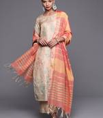 Indo Era Beige Foil Printed Straight Kurta Palazzo With Dupatta Set