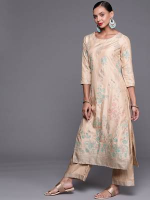 Indo Era Beige Foil Printed Straight Kurta Palazzo With Dupatta Set 3
