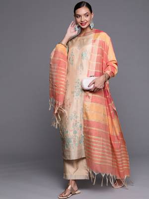 Indo Era Beige Foil Printed Straight Kurta Palazzo With Dupatta Set 4