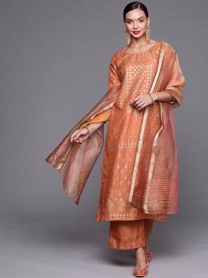 Indo Era Orange Foil Printed Straight Kurta Palazzo With Dupatta Set 1