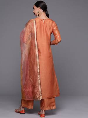 Indo Era Orange Foil Printed Straight Kurta Palazzo With Dupatta Set 2