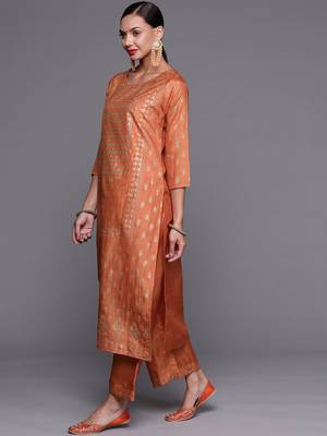 Indo Era Orange Foil Printed Straight Kurta Palazzo With Dupatta Set 3