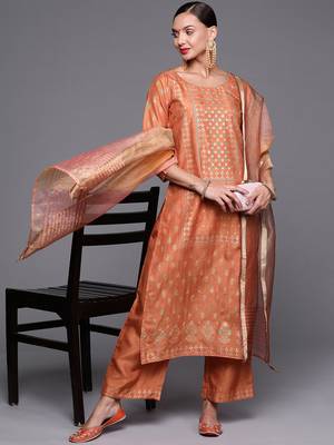 Indo Era Orange Foil Printed Straight Kurta Palazzo With Dupatta Set 4