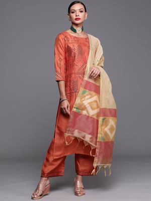 Indo Era Orange Foil Printed Straight Kurta Palazzo With Dupatta Set 1