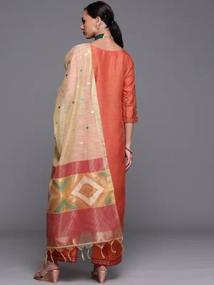Indo Era Orange Foil Printed Straight Kurta Palazzo With Dupatta Set 2