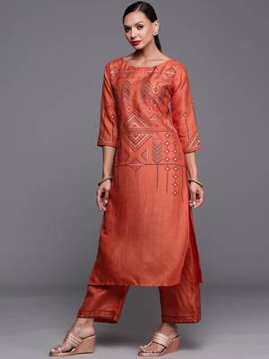 Indo Era Orange Foil Printed Straight Kurta Palazzo With Dupatta Set 3