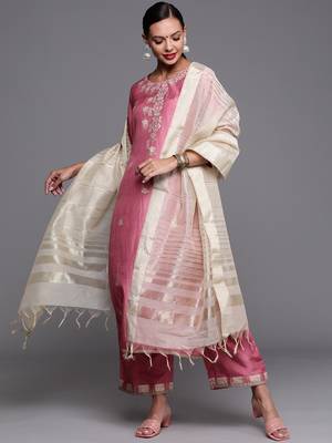 Indo Era Pink Foil Printed Straight Kurta Palazzo With Dupatta Set 1