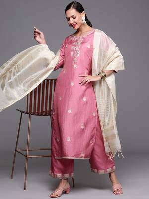 Indo Era Pink Foil Printed Straight Kurta Palazzo With Dupatta Set 4