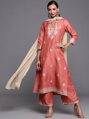 Indo Era Rust Foil Printed Straight Kurta Palazzo With Dupatta Set 1