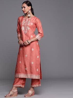 Indo Era Rust Foil Printed Straight Kurta Palazzo With Dupatta Set 3