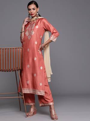 Indo Era Rust Foil Printed Straight Kurta Palazzo With Dupatta Set 4